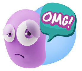 3d Rendering Sad Character Emoticon Expression saying OMG with C