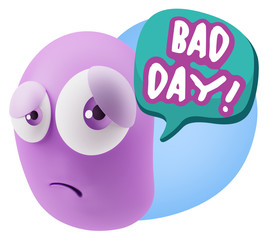 3d Rendering Sad Character Emoticon Expression saying Bad Day wi