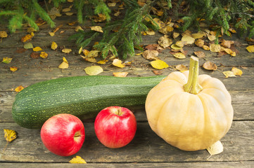 Fresh pumpkin, apples and zucchini on a wooden desk