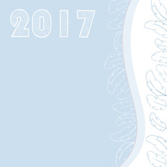 Blue postcard vector. New year 2017. The decor of bird feathers.