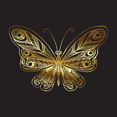 Fototapeta na wymiar Gold decorative elegant patterned butterfly on black background