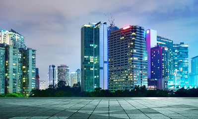 beautiful night view of modern buildings in kuala lumpur with empty floor