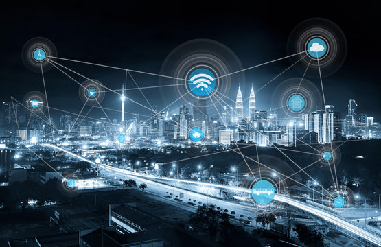 smart city and wireless communication network, abstract image visual, internet of things, mono blue tone .