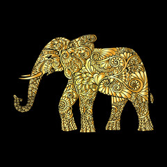Decorative patterned gold elephant on black background