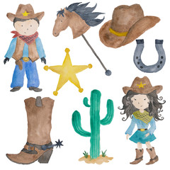 Cowboy Theme Initation  Watercolor Isolated on the white Baby Boy Texas 