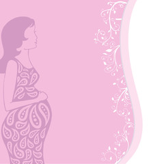 Pregnant woman vector. Girl on a pink background. Greeting card. Greetings postcard.