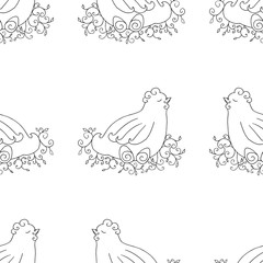 Chicken seamless pattern background. Monochrome wallpaper with hen vector.