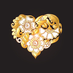 Decorated gold Love heart on black background