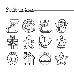 Vector line icons with christmas symbols and objects.