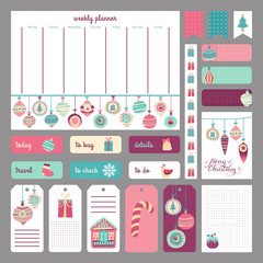 Cute holidays planner concept. Stickers, tags templates for orga