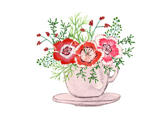 Bouquet of flowers and leaves in a cup, Floral watercolor painting on isolate backgrounds.