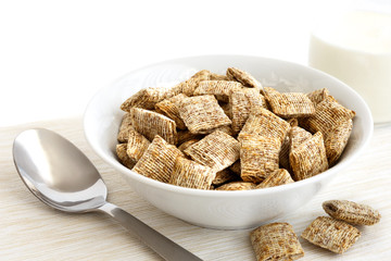 Breakfast bowl of mini shredded wholegrain biscuits with milk.