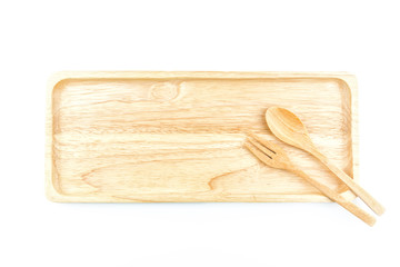 Top view : wooden tray and wooden spoon isolated on white background.