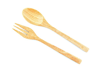 Wooden fork and spoon on a white background