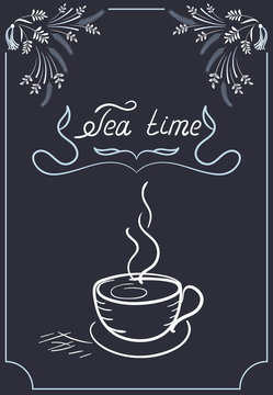Design elements signboard for cafe with ornament, tea cup and he