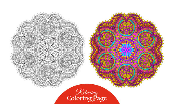 Coloring page. adult coloring book. Mandala with coloring sample.