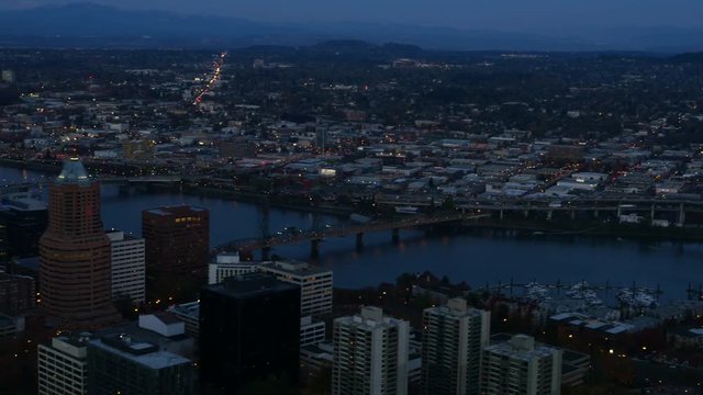 City of Portland, Oregon, USA aerial video at dusk: 4K Ultra HD