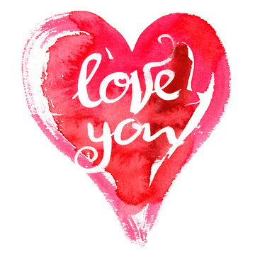 Big bright pink watercolor heart with hand written words "love you" painted in white