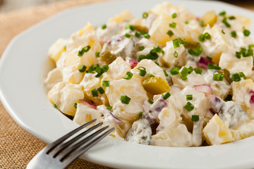Traditional German potato salad with cucumber, onion and mayonna