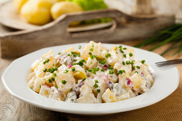 Traditional German potato salad with cucumber, onion and mayonna