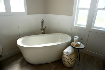 modern bathroom with stand alone tub
