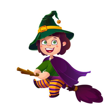 Cute Brunette Girl Witch on the Broom. Happy Halloween. Trick or Treat, Cartoon Illustration.