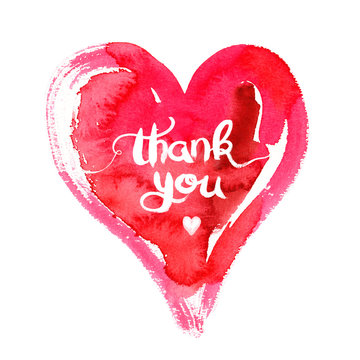 Big bright pink heart with hand written words "thank you" painted in watercolor on clean white background