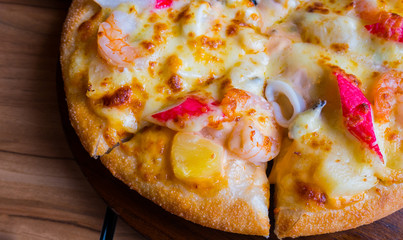 Close up of seafood pizza at italian restaurant