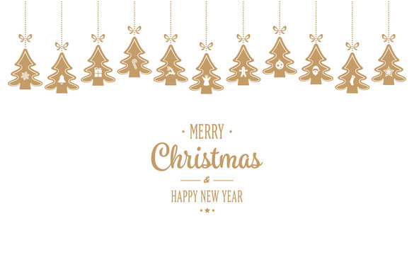 merry christmas hanging gold trees isloated background
