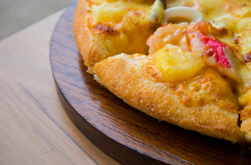 Close up of seafood pizza at italian restaurant