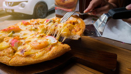 Close up of seafood pizza at italian restaurant