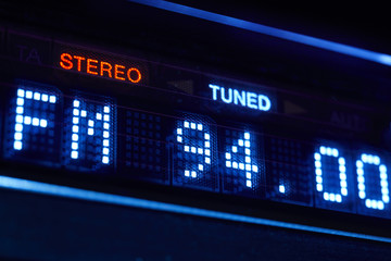FM tuner radio display. Stereo digital frequency station tuned.