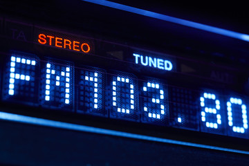 FM tuner radio display. Stereo digital frequency station tuned.