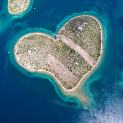 Aerial view of the heart shaped Galesnjak island on the Adriatic coast of Croatia