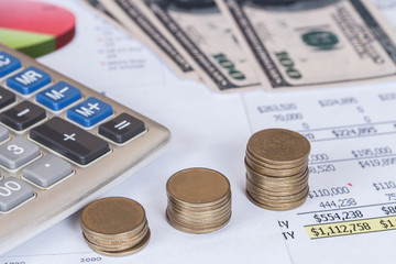 calculator , coin and business diagram document