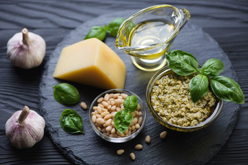 Close-up of ingredients for preparing basil pesto sauce