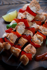 Close-up of chicken and vegetables kabobs, selective focus