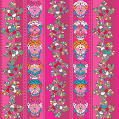 Seamless Gothic Pattern With Color Hand Drawn Skulls , sian elements Paisley. Boho strips , tribal, texture, Doodle style