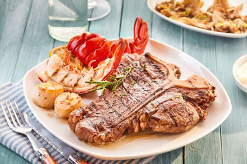 T bone steak and lobster plate