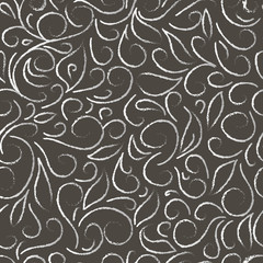 White abstract floral pattern on a gray background, in the style of line of chalk on a blackboard. Hand drawn vector stock illustration