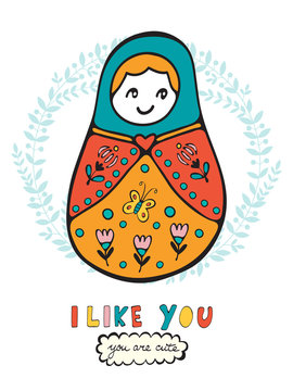 Colorful card with cute russian doll.