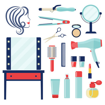 Flat barbershop. Interior and equipment icons. barber and hairdresser related. Vector illustration