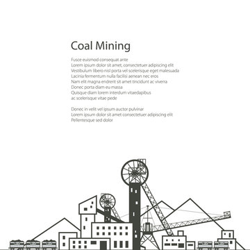 MIne, Complex Industrial Facilities with Spoil Tip and with Rail Cars, Coal Industry, Poster Brochure Flyer Design, Vector Illustration