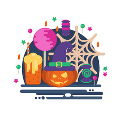 Halloween party concept in flat style. Vector composition with pumpkin head, punch, spider web, witch hat, candies and lollipop.