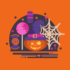 Halloween party concept in flat style. Vector composition with pumpkin head, spider web, witch hat, candies and lollipop.
