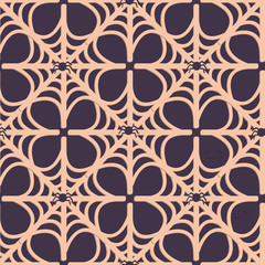 Spider web seamless pattern. Background with spiders and web in flat style.