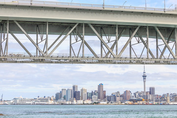 Auckland city and sky tower view from the Auckland harbor bridge