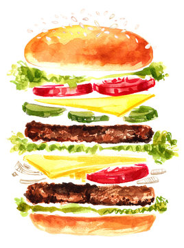 Burger painted with watercolors on white background. Sketch a simple meal. Fast food. Bun, chicken, vegetables