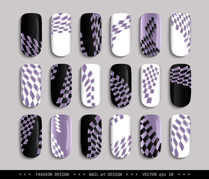 Nail art design. A set overhead nail, labels, stickers, elements for design. Ideas for manicure, pedicure, beauty salons, modeling agencies. Fashion trends. Collection in color. Vector illustration 
