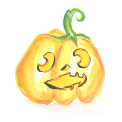 Watercolor scary pumpkin. Spooky face for Halloween. October festival. Harvest fest.